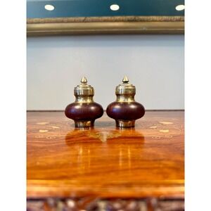 Vintage‎ Brass & Wood Salt and Pepper Shakers • Mid Century Tableware Set